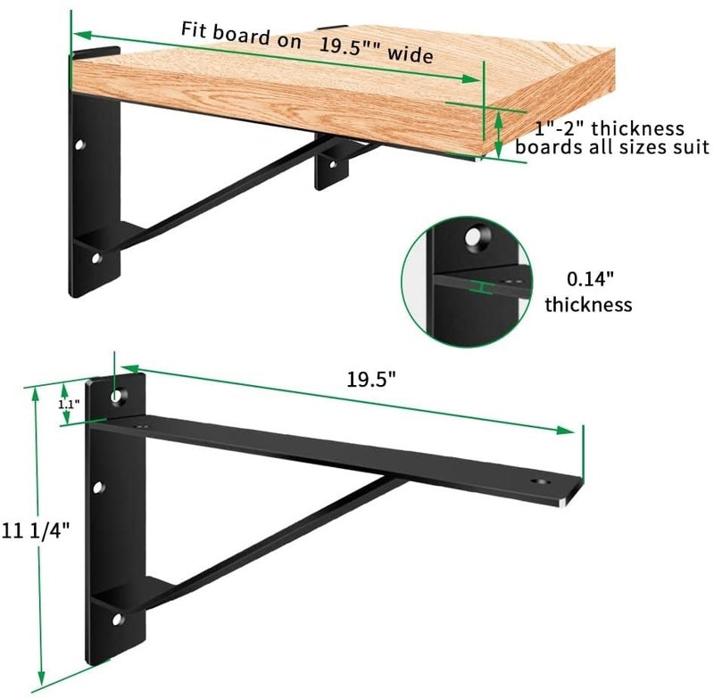 Homydom Heavy Duty Shelf Brackets 20 inch, Industrial Wall Brackets with Lip Metal Storage Brackets Outdoor/Indoor Include Screws 2 Pack Black - Image 2